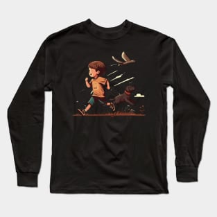 A Cute Boy Running WIth A Dog And Bird Long Sleeve T-Shirt